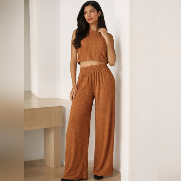 a new day Pants - Top And Pants Set Brown Wide Leg Crop Top Tan Brown Orange Burnt XS S 2 A New Da
